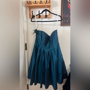David's Bridal Teal Strapless Ball Gown with Feather Detail